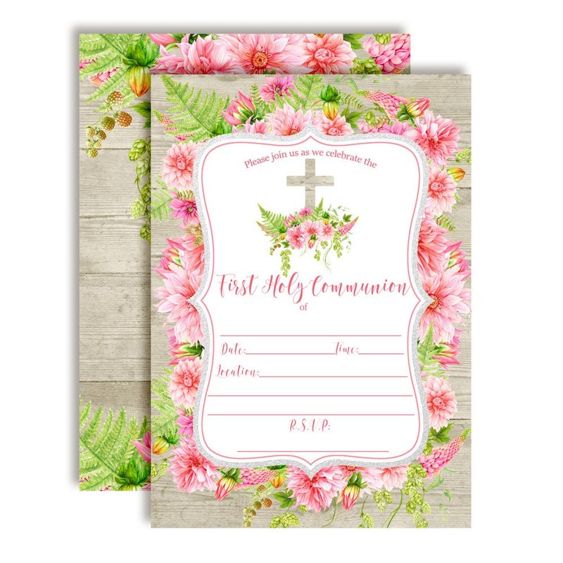 Amanda Creation Watercolor Pink Dahlia First Holy Communion Religious Party Invitations with Wood Background, 20 5x7 Fill In Cards with Twenty White Envelopes by AmandaCreation - Image 1